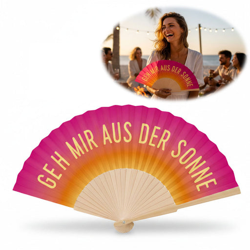 KI-generiertes Bild Handfächer Holz Stoff Fächer "Geh mir aus der Sonne" Pink faltbar Faltfächer
