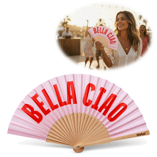 KI-generiertes Bild Handfächer Holz Stoff Fächer "Bella Ciao" Rosa Rot faltbar Faltfächer