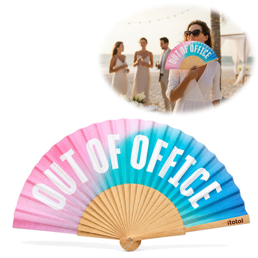 KI-generiertes Bild Handfächer Holz Stoff Fächer "Out of Office" Rosa Türkis Blau faltbar Faltfächer