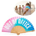 KI-generiertes Bild Handfächer Holz Stoff Fächer "Out of Office" Rosa Türkis Blau faltbar Faltfächer