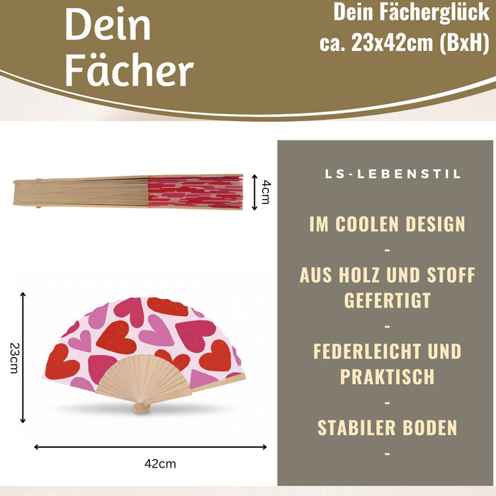 KI-generiertes Bild,Handfächer Holz Stoff Fächer "Herzen" Rot Pink faltbar Faltfächer