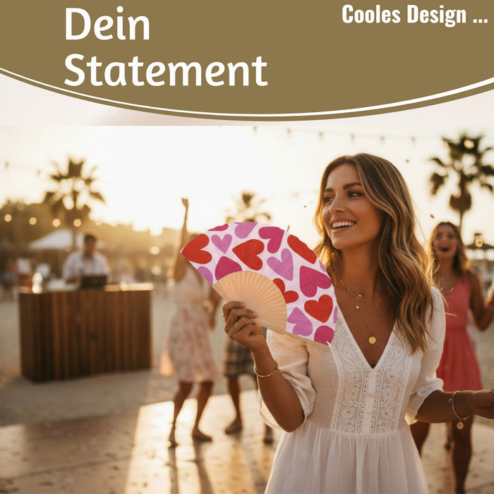 KI-generiertes Bild,Handfächer Holz Stoff Fächer "Herzen" Rot Pink faltbar Faltfächer