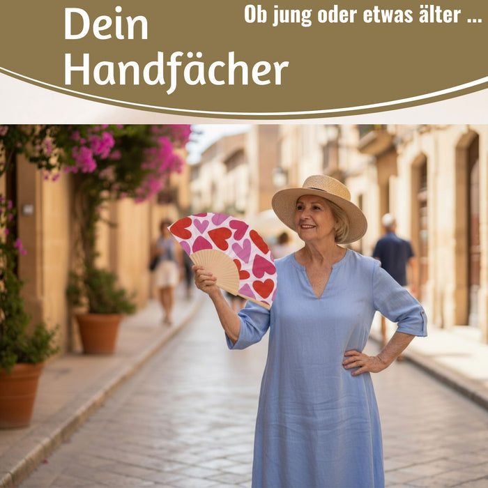 KI-generiertes Bild,Handfächer Holz Stoff Fächer "Herzen" Rot Pink faltbar Faltfächer