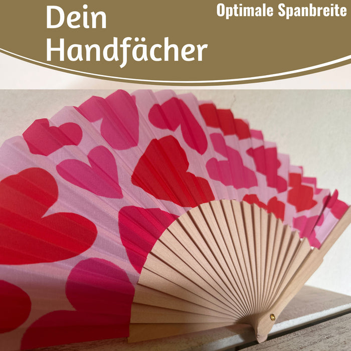 KI-generiertes Bild,Handfächer Holz Stoff Fächer "Herzen" Rot Pink faltbar Faltfächer