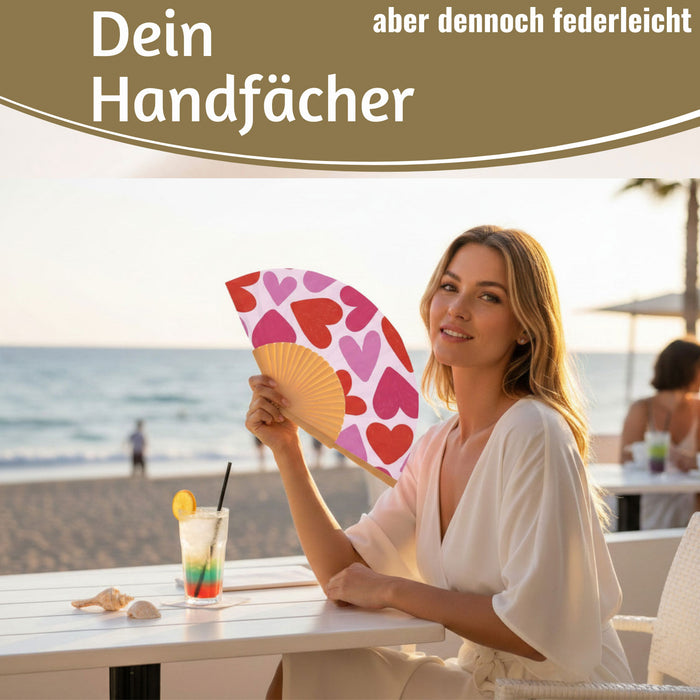 KI-generiertes Bild,Handfächer Holz Stoff Fächer "Herzen" Rot Pink faltbar Faltfächer