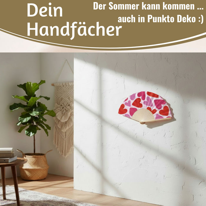 KI-generiertes Bild,Handfächer Holz Stoff Fächer "Herzen" Rot Pink faltbar Faltfächer