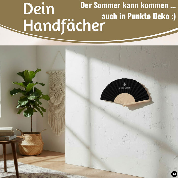KI-generiertes Bild,Handfächer Holz Stoff Fächer "Karma Baby" Gelb Lila faltbar Faltfächer