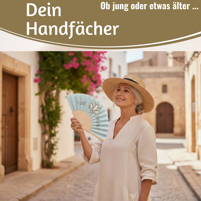 KI-generiertes Bild,Handfächer Holz Stoff Fächer "PURE BALANCE" Bali Blau Grau faltbar Faltfächer