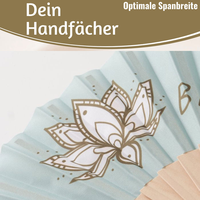 KI-generiertes Bild,Handfächer Holz Stoff Fächer "PURE BALANCE" Bali Blau Grau faltbar Faltfächer