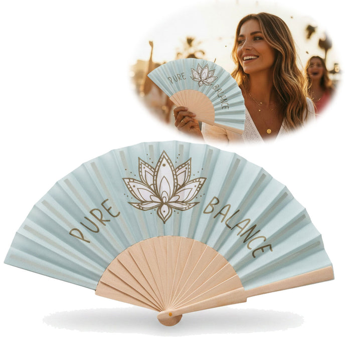 KI-generiertes Bild Handfächer Holz Stoff Fächer "PURE BALANCE" Bali Blau Grau faltbar Faltfächer