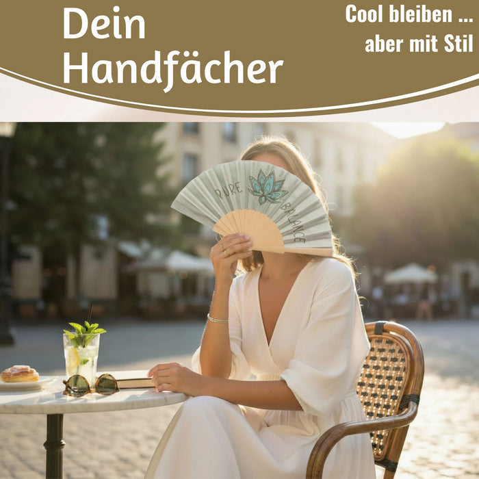 KI-generiertes Bild,Handfächer Holz Stoff Fächer "PURE BALANCE" Bali Grün Grau faltbar Faltfächer