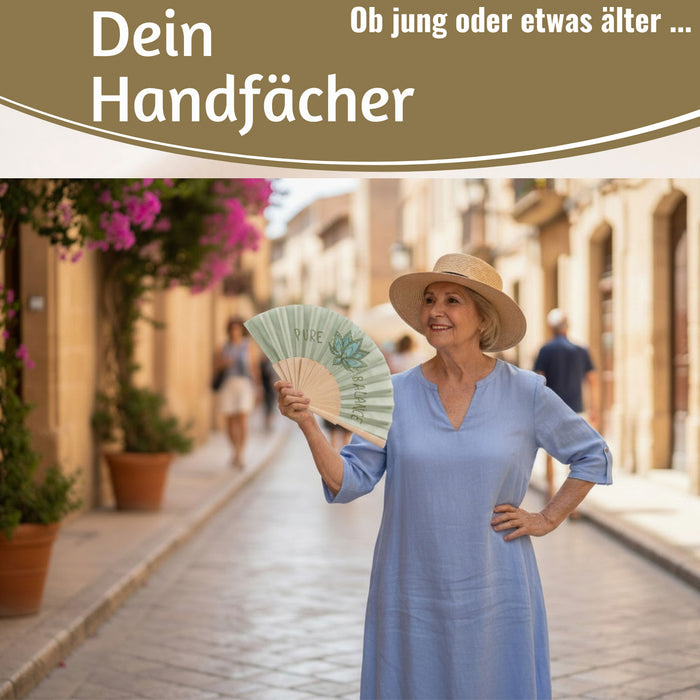 KI-generiertes Bild,Handfächer Holz Stoff Fächer "PURE BALANCE" Bali Grün Grau faltbar Faltfächer