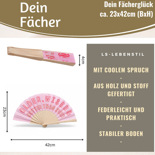 KI-generiertes Bild,Handfächer Holz Stoff Fächer "Older Wiser Hotter" Pink Rot faltbar Faltfächer
