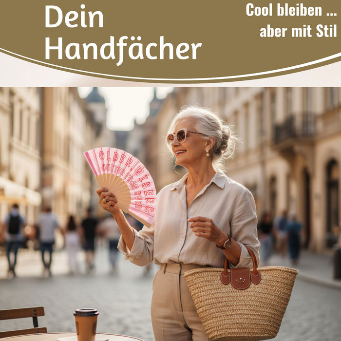 KI-generiertes Bild,Handfächer Holz Stoff Fächer "Older Wiser Hotter" Pink Rot faltbar Faltfächer