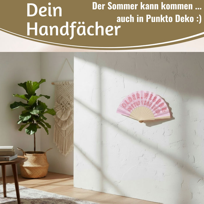 KI-generiertes Bild,Handfächer Holz Stoff Fächer "Older Wiser Hotter" Pink Rot faltbar Faltfächer