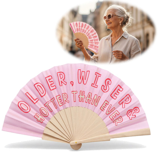 KI-generiertes Bild Handfächer Holz Stoff Fächer "Older Wiser Hotter" Pink Rot faltbar Faltfächer