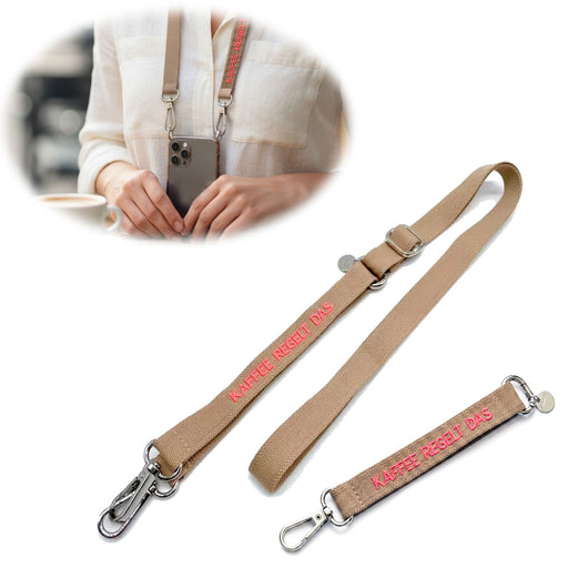 KI-generiertes Bild Crossbody Handykette Kaffee regelt Taupe Pink 2 Karabiner zum Umhängen Smartphones