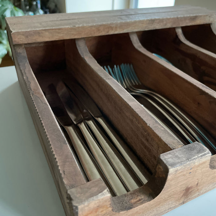 KI-generiertes Bild,Vintage Teak Holz Grimaud Cutlery 36cm 4 Fächer Besteckkasten Besteckkorb