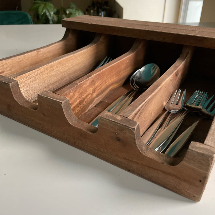 KI-generiertes Bild,Vintage Teak Holz Grimaud Cutlery 36cm 4 Fächer Besteckkasten Besteckkorb