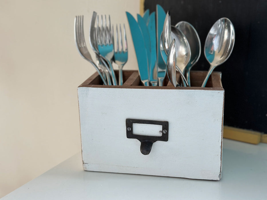 KI-generiertes Bild,Holz Apotheker Schublade 18cm Napoli Weiß 3 Fächer Cutlery Stiftebox Besteckkorb