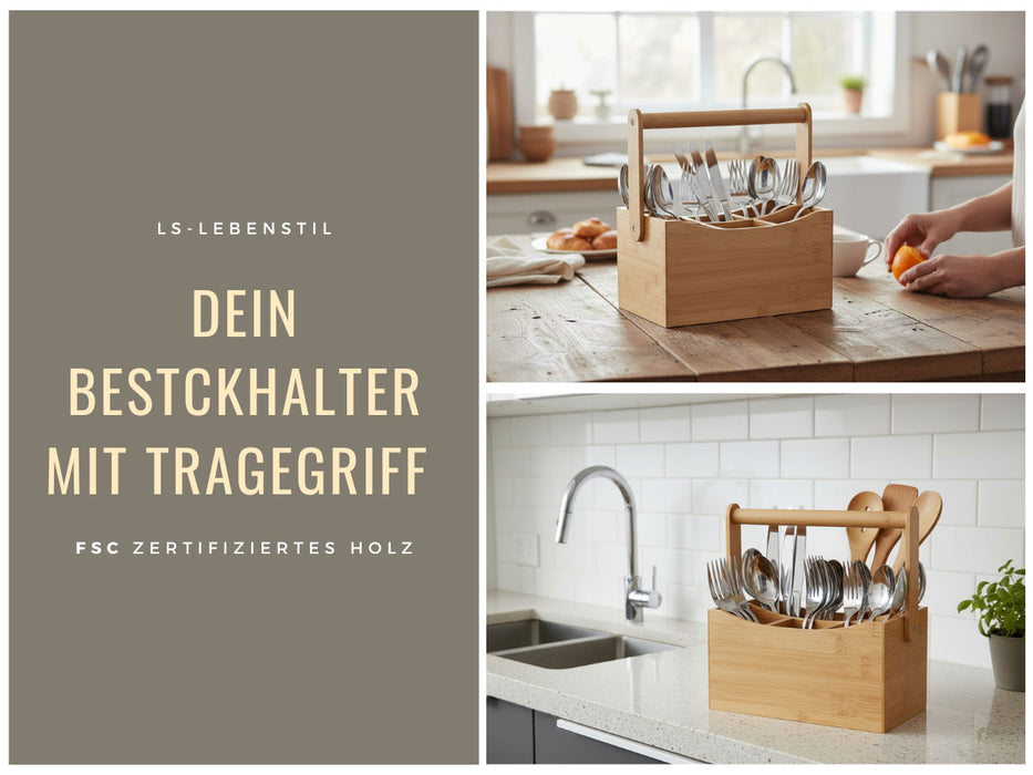 KI-generiertes Bild,Holz Besteckhalter 22cm Braun 4 Fächer mit Griff Cutlery Besteckkorb Stiftebox