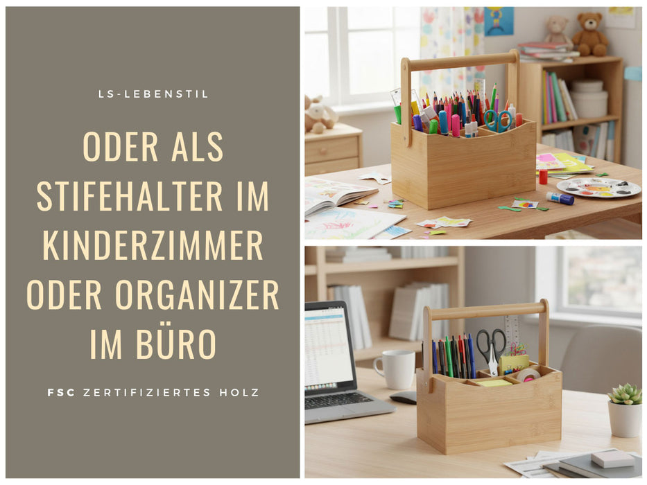 KI-generiertes Bild,Holz Besteckhalter 22cm Braun 4 Fächer mit Griff Cutlery Besteckkorb Stiftebox