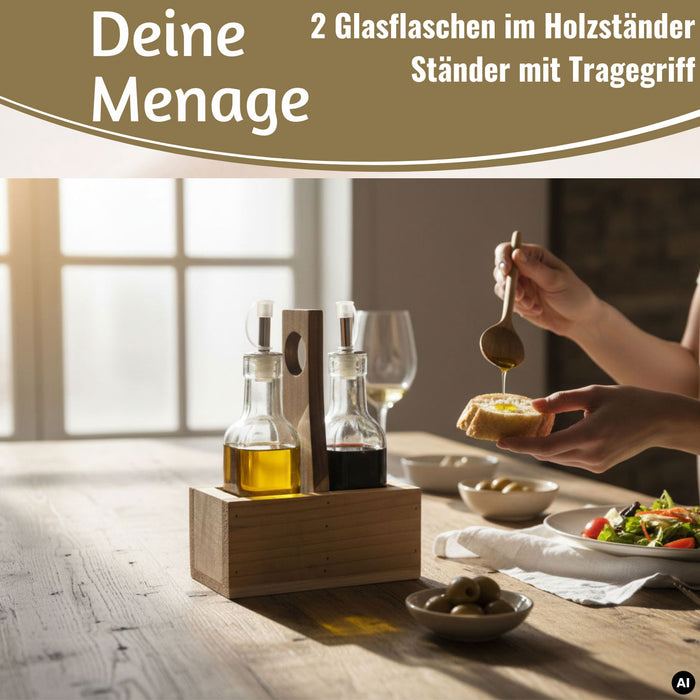KI-generiertes Bild,Holz Menage Essig- und Ölspender Set 2x Ölflasche Ausgießer Olivenöl Vinaigrette