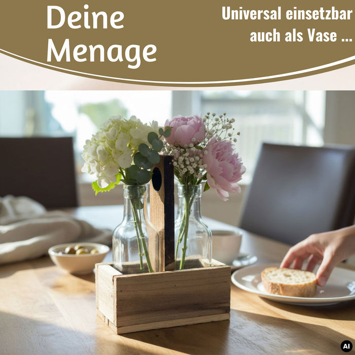 KI-generiertes Bild,Holz Menage Essig- und Ölspender Set 2x Ölflasche Ausgießer Olivenöl Vinaigrette