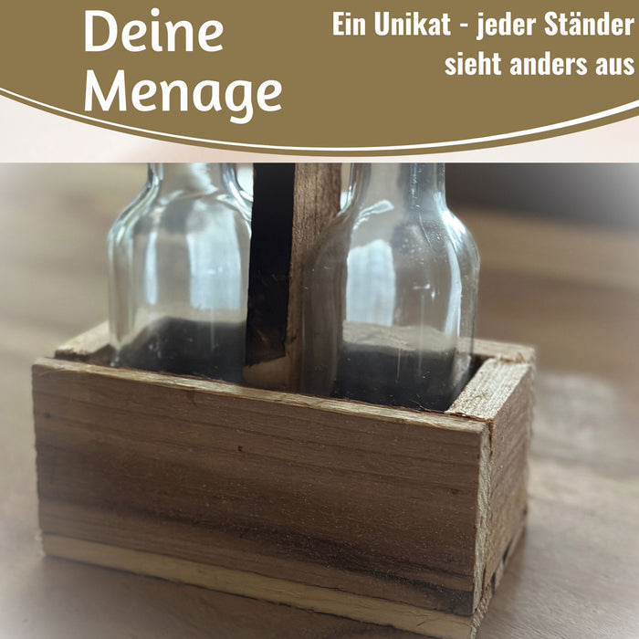 KI-generiertes Bild,Holz Menage Essig- und Ölspender Set 2x Ölflasche Ausgießer Olivenöl Vinaigrette