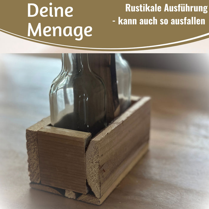 KI-generiertes Bild,Holz Menage Essig- und Ölspender Set 2x Ölflasche Ausgießer Olivenöl Vinaigrette