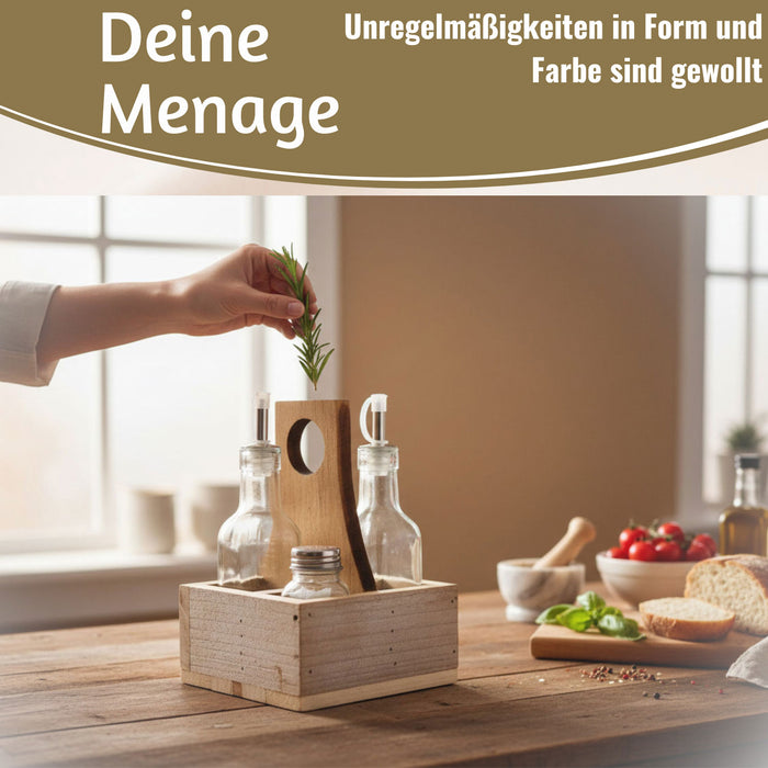 Holz Menage Essig- und Ölspender Set Salz- Pfefferstreuer 2x Ölflasche Ausgießer