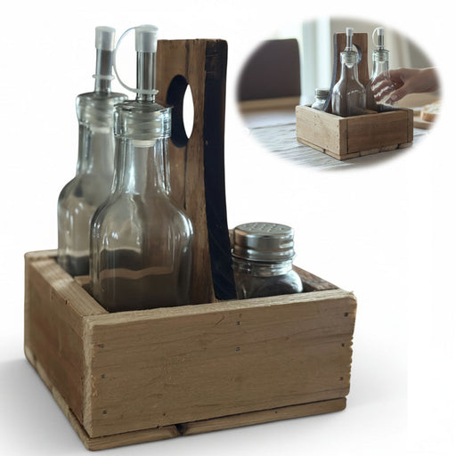 Holz Menage Essig- und Ölspender Set Salz- Pfefferstreuer 2x Ölflasche Ausgießer