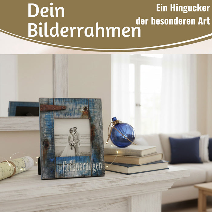KI-generiertes Bild,Vintage Holz Bilderrahmen 17x14cm Maritim Erinnerungen Blau Aufsteller Fotorahmen