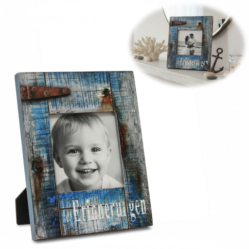 KI-generiertes Bild Vintage Holz Bilderrahmen 17x14cm Maritim Erinnerungen Blau Aufsteller Fotorahmen