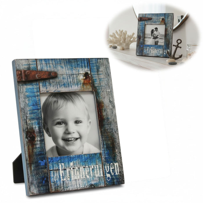 KI-generiertes Bild Vintage Holz Bilderrahmen 17x14cm Maritim Erinnerungen Blau Aufsteller Fotorahmen