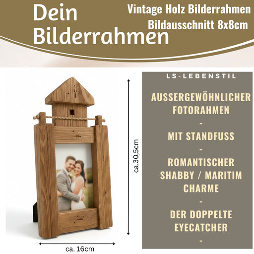 KI-generiertes Bild,Vintage Holz Bilderrahmen 30cm Leuchtturm Braun Maritim Aufsteller Fotorahmen
