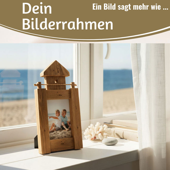 KI-generiertes Bild,Vintage Holz Bilderrahmen 30cm Leuchtturm Braun Maritim Aufsteller Fotorahmen