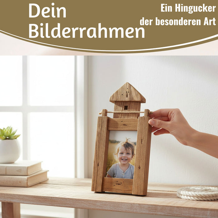 KI-generiertes Bild,Vintage Holz Bilderrahmen 30cm Leuchtturm Braun Maritim Aufsteller Fotorahmen