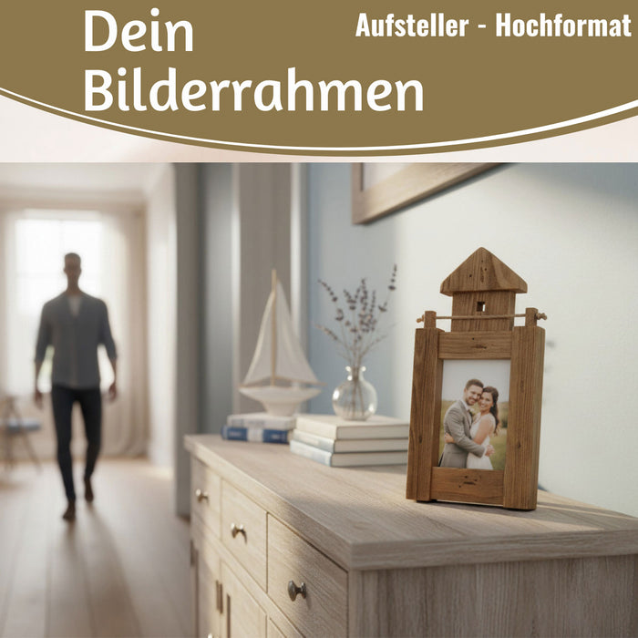 KI-generiertes Bild,Vintage Holz Bilderrahmen 30cm Leuchtturm Braun Maritim Aufsteller Fotorahmen