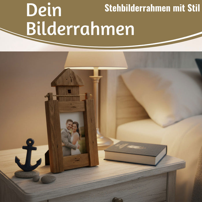 KI-generiertes Bild,Vintage Holz Bilderrahmen 30cm Leuchtturm Braun Maritim Aufsteller Fotorahmen