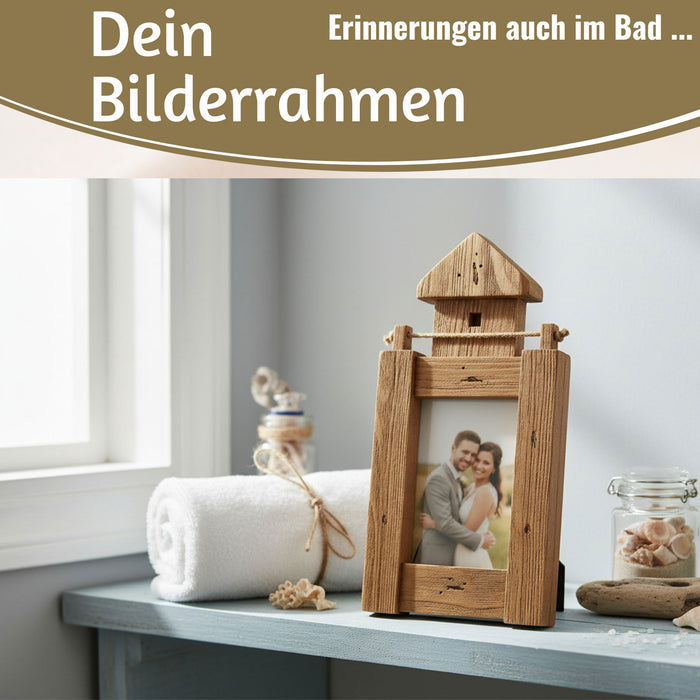 KI-generiertes Bild,Vintage Holz Bilderrahmen 30cm Leuchtturm Braun Maritim Aufsteller Fotorahmen