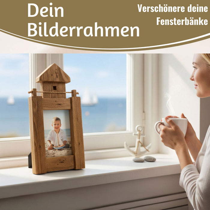 KI-generiertes Bild,Vintage Holz Bilderrahmen 30cm Leuchtturm Braun Maritim Aufsteller Fotorahmen