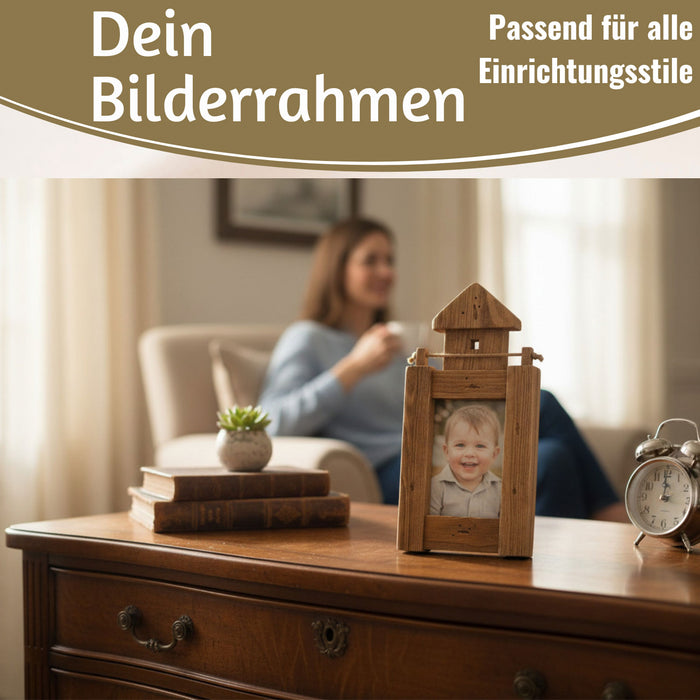 KI-generiertes Bild,Vintage Holz Bilderrahmen 30cm Leuchtturm Braun Maritim Aufsteller Fotorahmen