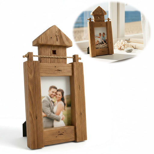 KI-generiertes Bild Vintage Holz Bilderrahmen 30cm Leuchtturm Braun Maritim Aufsteller Fotorahmen