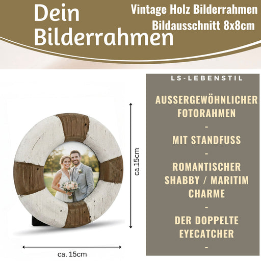 KI-generiertes Bild,Vintage Holz Bilderrahmen 15cm Rund Maritim Steuerrad Aufsteller Fotorahmen