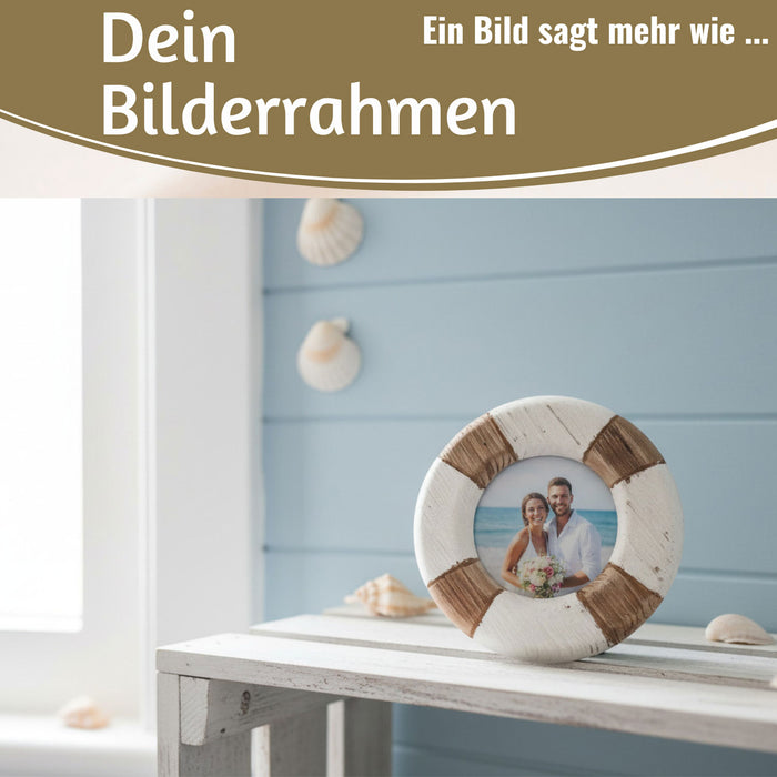 KI-generiertes Bild,Vintage Holz Bilderrahmen 15cm Rund Maritim Steuerrad Aufsteller Fotorahmen