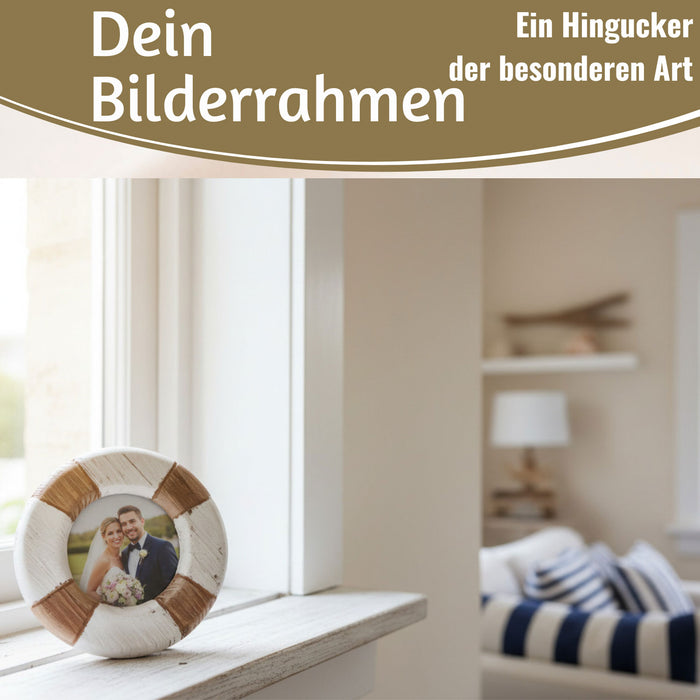 KI-generiertes Bild,Vintage Holz Bilderrahmen 15cm Rund Maritim Steuerrad Aufsteller Fotorahmen