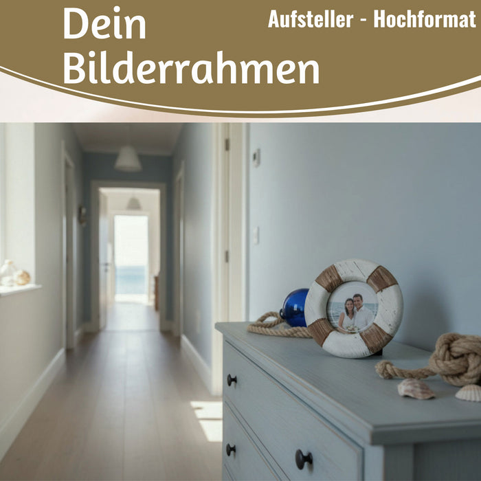 KI-generiertes Bild,Vintage Holz Bilderrahmen 15cm Rund Maritim Steuerrad Aufsteller Fotorahmen