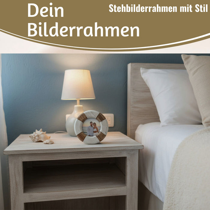 KI-generiertes Bild,Vintage Holz Bilderrahmen 15cm Rund Maritim Steuerrad Aufsteller Fotorahmen