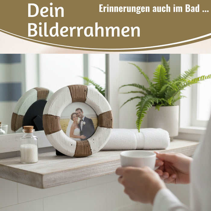 KI-generiertes Bild,Vintage Holz Bilderrahmen 15cm Rund Maritim Steuerrad Aufsteller Fotorahmen